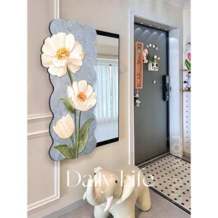 奶油风玄关全身镜装饰画卉卧室隐形穿衣镜壁画隐藏式推拉镜子挂画