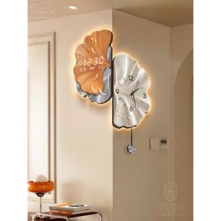 银杏叶拐角挂钟现代轻奢客厅万年历电子钟表2025新款双面转角时钟