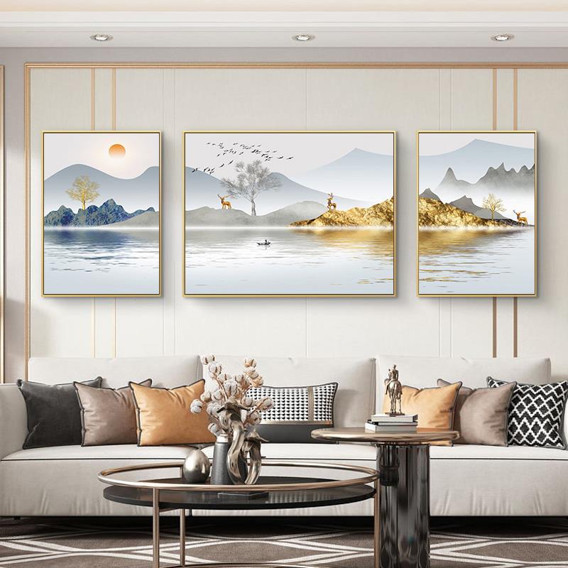 新中式客厅沙发背景墙装饰画 画现代简约大气三联山水画 画饭厅轻