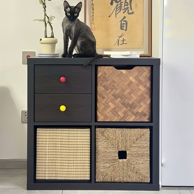 复古实木黑色格子柜卡莱克四格柜高级感书柜N收纳柜子置物柜储物