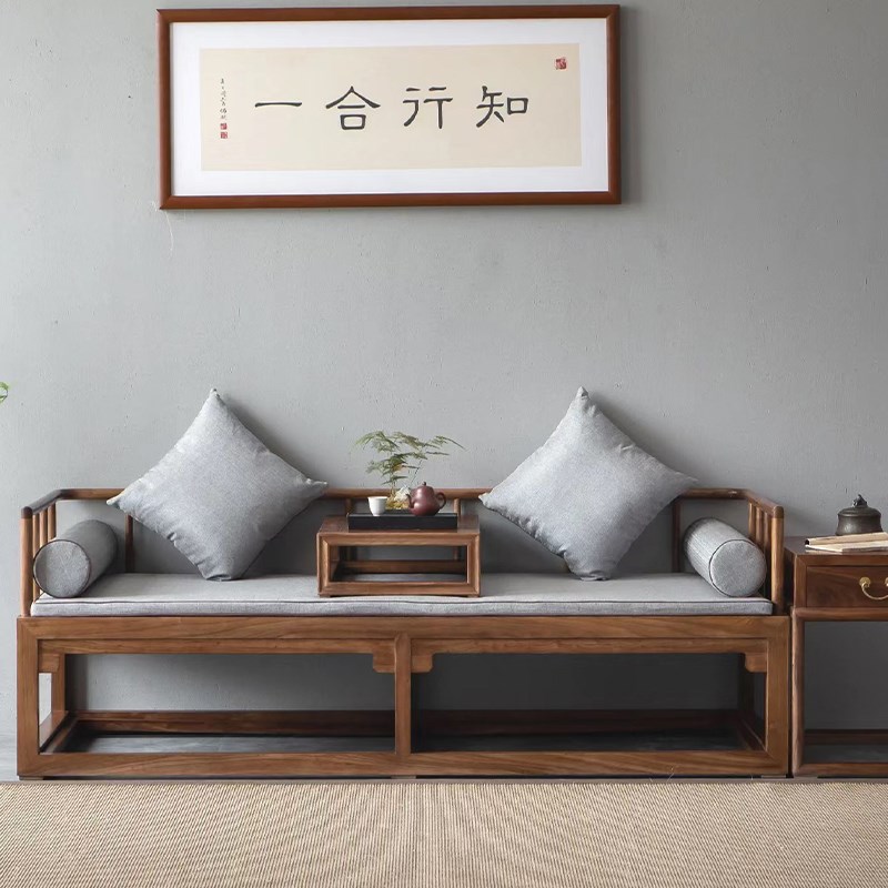 新款罗汉床新中式实木小户型罗汉榻茶几榫卯P禅意沙发床胡桃木色