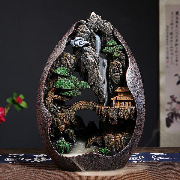 高山流水创意沉香瀑布流云观赏客厅中式装饰喷雾陶瓷倒流香炉摆件