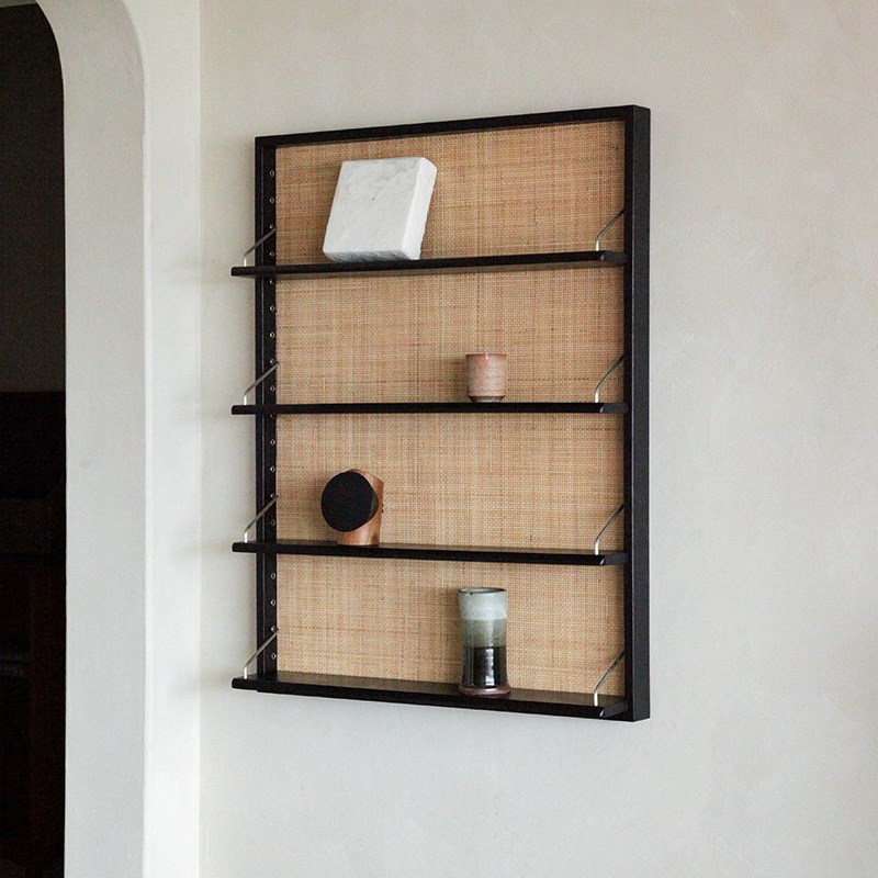 木纳家具实木墙上置物架书架侘寂风客厅壁L挂展示架藤编柚木悬挂