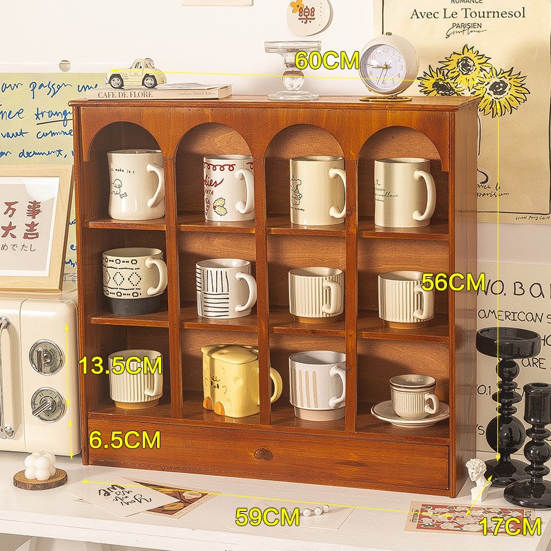 分格拱形实木收纳盒客厅茶具整理办公室桌面杯子茶杯抽屉式置物架