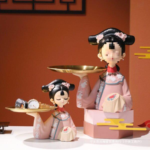 国风女孩托盘创意客厅桌面多肉装饰品清朝格格玄关钥匙收纳国潮摆