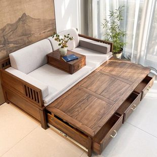 黑胡桃木色榆木中式实木推拉罗汉床沙发新中式折叠沙发床两用储物