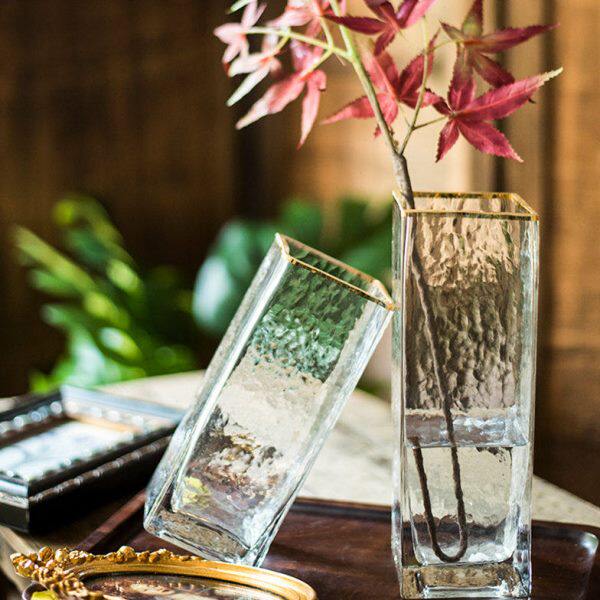 JK慕空间简约金边方形北欧花瓶摆件玻璃透明客厅花器装饰插花容器