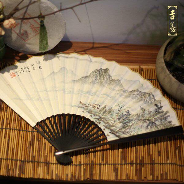 吉善扇子9寸黑檀木折扇中国书法扇手绘扇 苏工宣纸扇出国礼品画扇