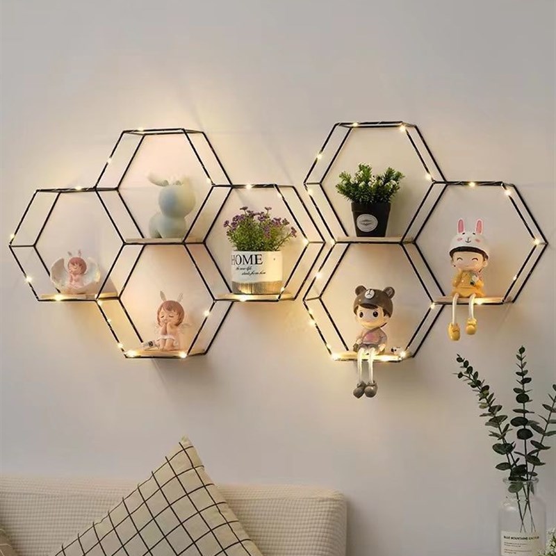 简约网红墙上置物架m免打孔卧室床头墙壁挂收纳架六角墙面装饰创