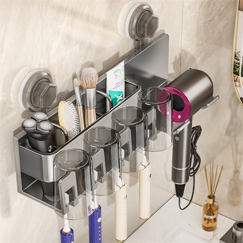 卫生间吹风机置物架免打孔壁挂吸盘式电吹风机Q支架牙刷杯浴室架