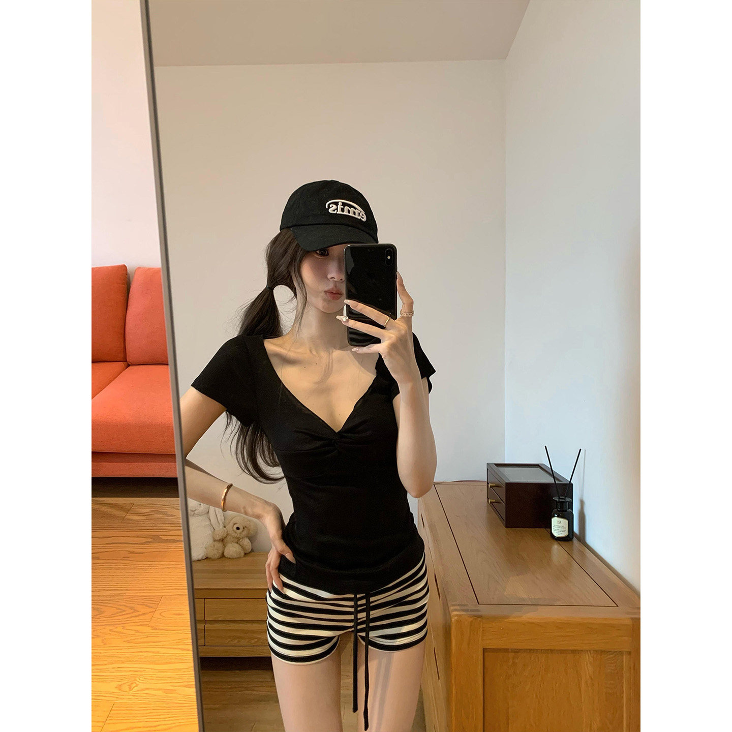 小个子低腰抽绳条纹居家短裤女夏图片