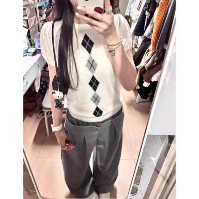 韩系复古菱格提花短袖针织衫女夏