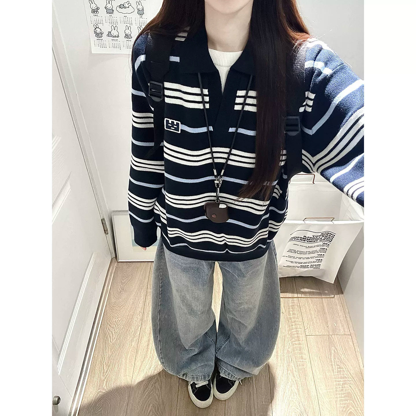 松弛感撞色v领假两件针织毛衣女秋季新款宽松慵懒外穿学院风上衣