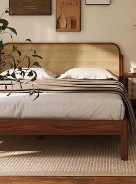 复古风藤编实木床双人1.8m卧室黑色北欧侘寂简约现代网红南洋法式