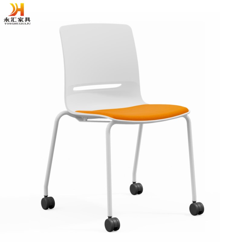 简约塑钢培训椅四脚带轮洽谈椅接待F椅学生椅带写字板白色会议椅