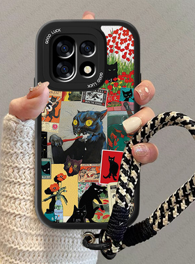 黑色猫咪适用一加15手机壳新款男1+ace3pro小羊皮oneplus防摔1十ACE3V情侣por卡通13t高级感oppo小众pr0男套