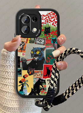 黑色猫咪适用oppok12手机壳新款plus女小羊皮0pp0k10pro卡通k11x防摔男por疯狂活力版高级感opop挂绳小众套