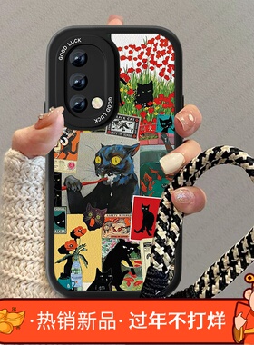 黑色猫咪适用oppoa95手机壳新款女A93s小羊皮A96高级感a8疯狂a97情侣0pp0a92s卡通防摔a91男a8挂绳x小众套
