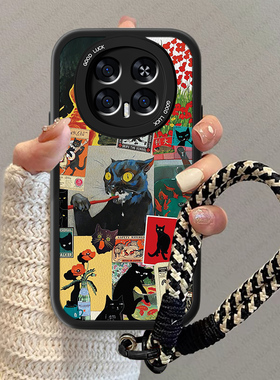 黑色猫咪适用华为荣耀magic8手机壳新款magic8pro女小羊皮megic8疯狂情侣卡通魔术8pr0防摔男小众高级感套