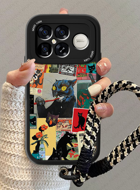 黑色猫咪适用红米k90promax手机壳男新款Redmik90高级感小羊皮卡通小米pr0全包外壳pormax防摔女情侣保护套