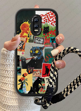 黑色猫咪适用oppoR17手机壳新款女小羊皮r17pro小众r11t疯狂r15标准R11S梦境版r9sm卡通防摔0pp0R15x男套