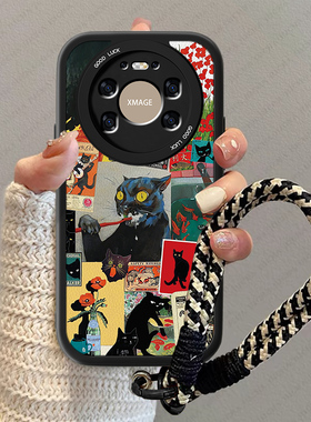 黑色猫咪适用适用华为Mate80手机壳新款Meta80Pro高级感保护套ProMax小羊皮硅胶mt80卡通全包防摔男女软外壳