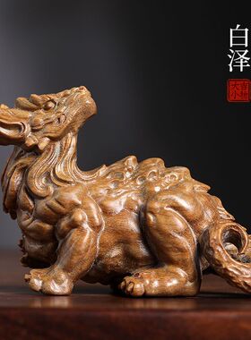 天然绿檀木实木雕刻白泽摆件文玩手把件家居装饰品工艺品