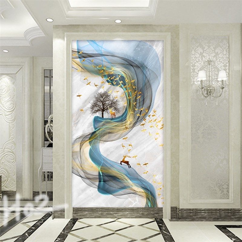 现代简约艺术抽象麋鹿墙纸背景墙装饰画壁纸走廊过道玄关壁画竖版