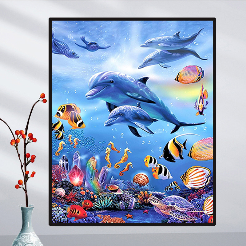 卡通儿童钻石画2023新款小幅动物海豚贴钻十字绣海底世界卧室满钻