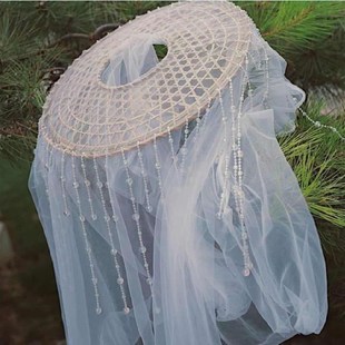 武侠古风斗笠帽特色手工艺竹编织沙笠汉服摄影写真女侠遮容面纱帽