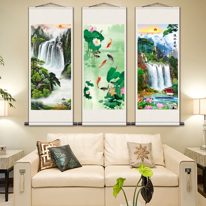 九鱼图丝绸画卷轴画莲花九鱼荷花图招财纳福宣纸国画卷轴画