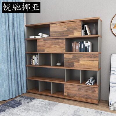 北欧锐驰挪亚家具轻奢实木组合书柜书桌一体现代简约黑胡桃木书架