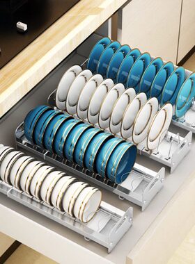 伸缩厨房橱柜拉篮抽屉式碗架304不锈钢柜内小尺寸盘子碗碟收纳架