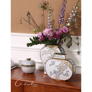 契阔家居  五福喜上眉梢鎏金轻奢陶瓷花瓶新中式客厅玄关摆件