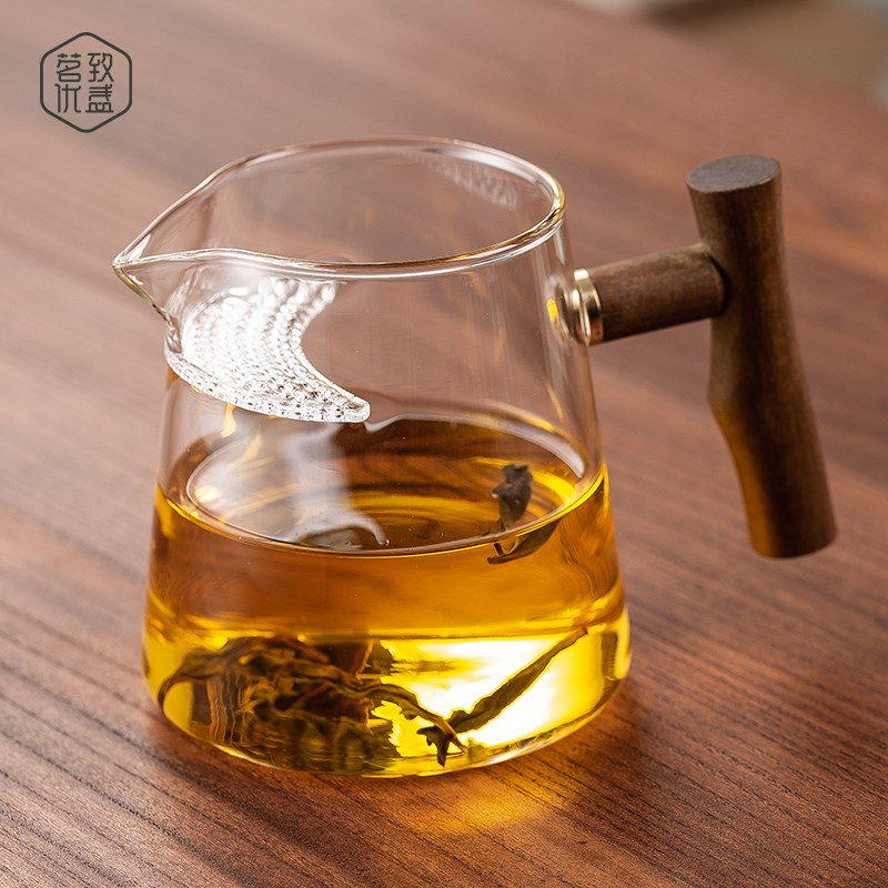 木把月牙公道杯加厚耐热玻璃茶z漏一体过滤泡茶壶绿茶杯分茶器茶