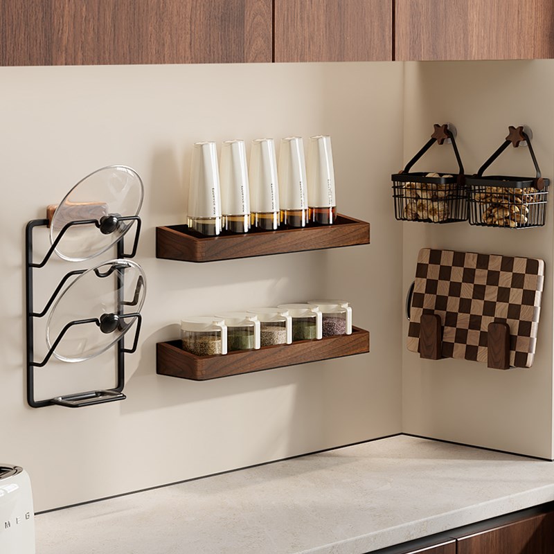 胡桃木厨房置物架中m古风免打孔多层调味料品锅盖菜板实木壁挂收