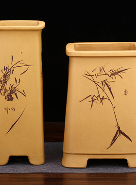 精品黄色四方紫砂兰花盆大号高千筒手工高档陶瓷桌面绿植老桩包邮