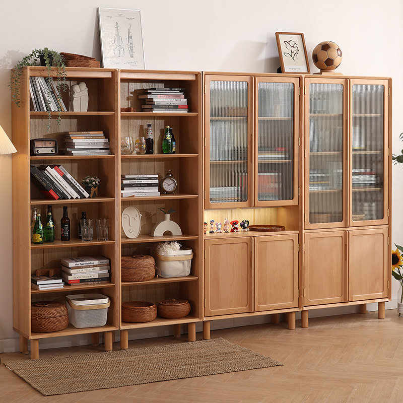 玻璃书柜全实木日式书架榉木书房落地整墙置物柜客厅边柜简约柜子