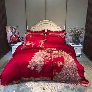 九喜狐婚庆家纺结婚床上用品红色被套100支贡缎提花合卺之喜