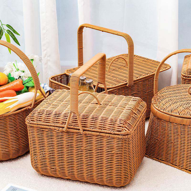 仿塑料编新款野餐织提菜手方形野餐篮PP仿藤篮购物篮篮篮采摘果子