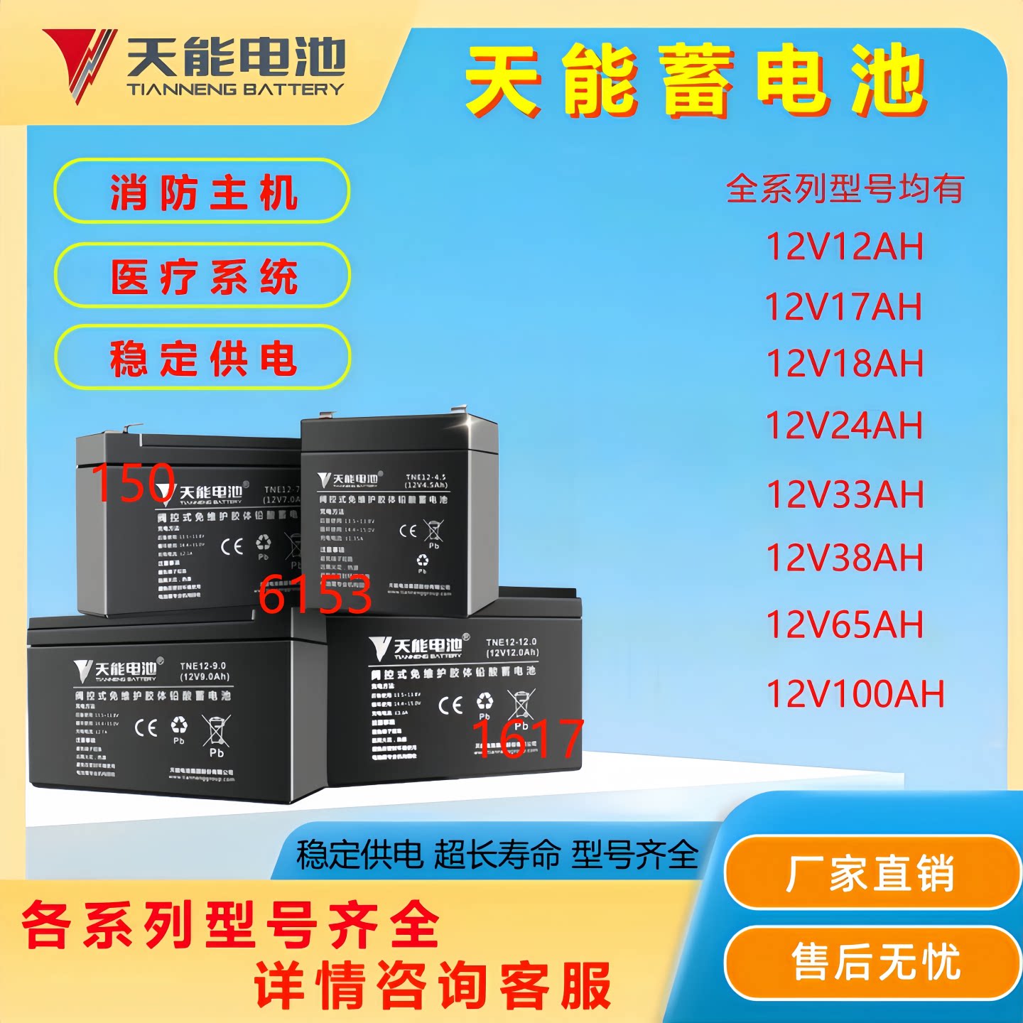 原装蓄电池TN12-4.5 12V7AH9AH12AH17AH24AH38AH65AH100AH120天能