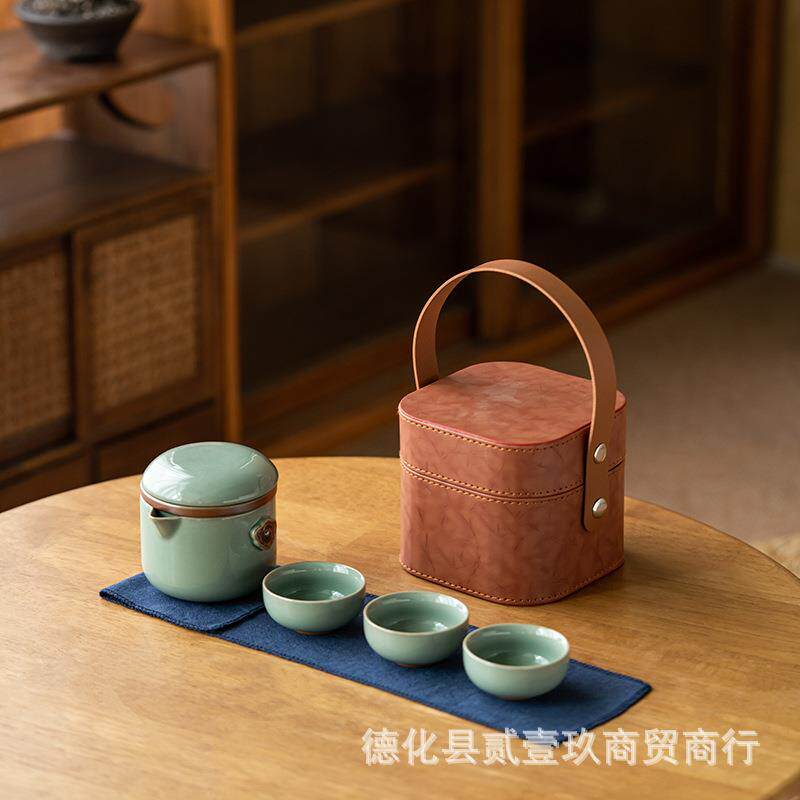 草木灰釉功夫旅行茶具便携式陶瓷一壶三杯户外露营泡茶快客杯