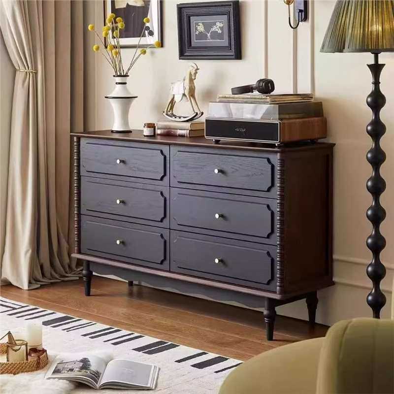 六斗柜卧室床尾置物柜收纳柜客厅实木斗柜美式复古中古风黑色柜子