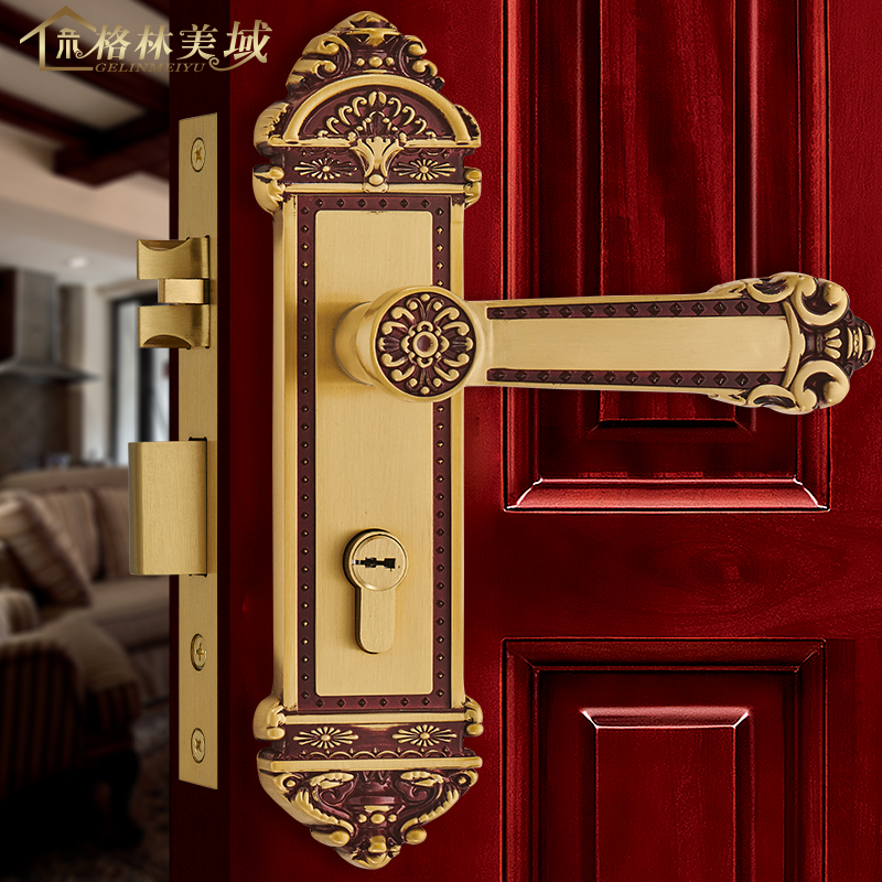 格林 欧式门锁实木黄铜执手锁 A静音室内覆古卧室铜门把手大门锁