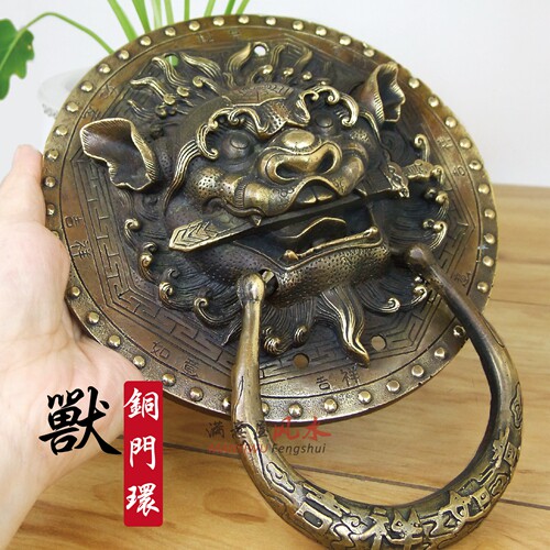 中式复古纯铜睚眦咬剑门环大门拉手狮子头虎头麒麟兽头老式门装饰