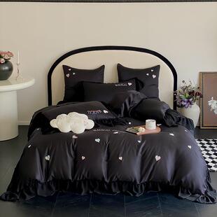 法式少女80支兰精天丝四件套桃心刺绣凉感冰丝被套床单裸睡床品