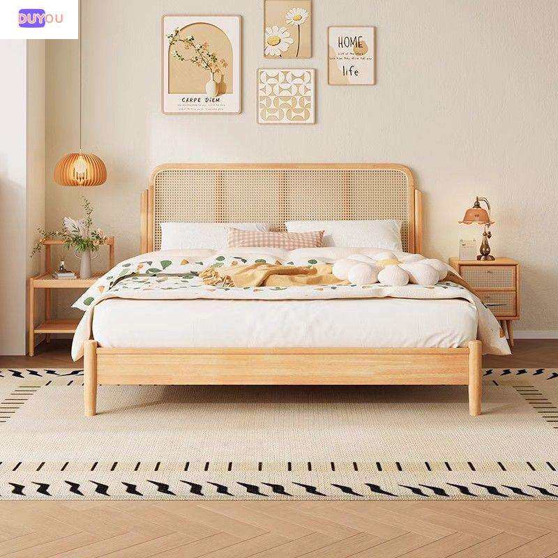 北欧复古藤编实木床1.8m双人原木日式民宿家具藤床现代简约1.5