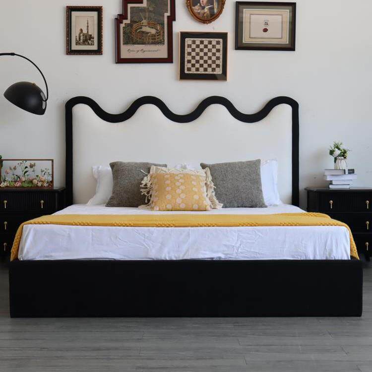 北欧简约现代布艺床实木1.8米涟漪双人床黑白拼色设计复古公主床