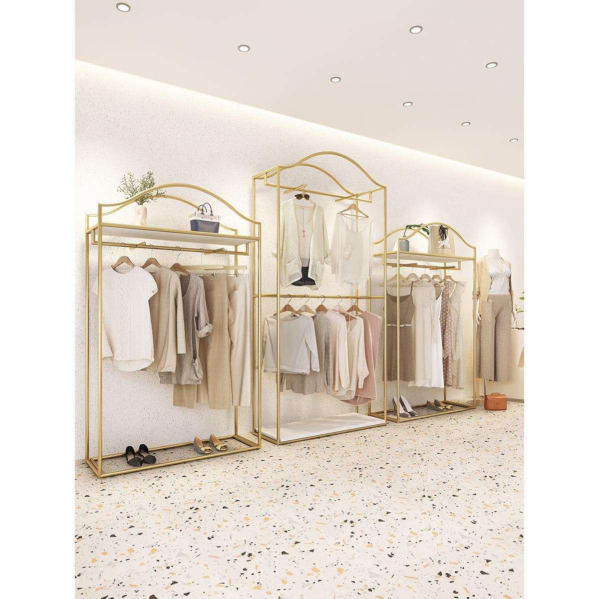 服装店展示架双层侧挂金色货架高柜挂衣架落地式陈列衣服架子收纳