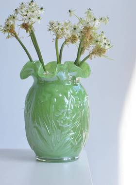 创意彩色玻璃花瓶浮雕大口径插花摆件纯手工吹制玻璃花瓶家居装饰